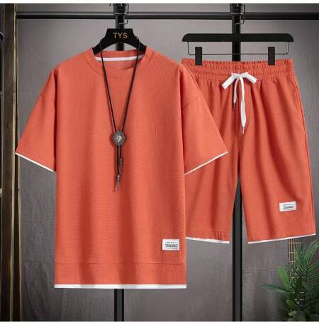 للرجال كم قصير والسراويل, بدلة رياضية غير رسمية, مريح مجموعة كبيرة الحجم رائع, رياضي, وافل, صيف, 2 قطعة