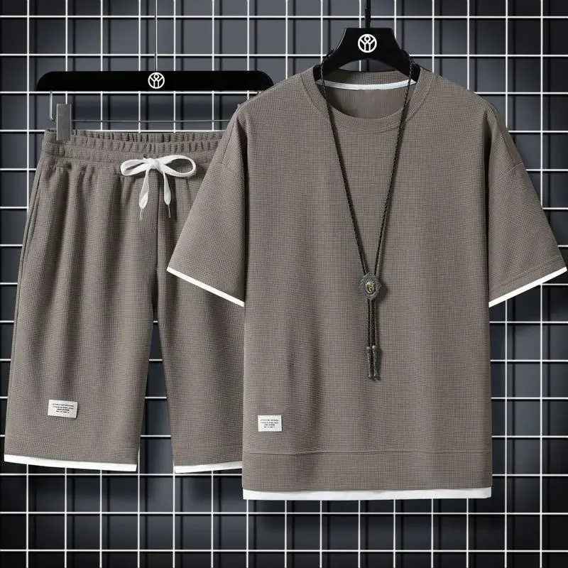 ملابس رياضية صيفية غير رسمية فضفاضة تناسب الرجال البدلة الكورية العصرية قصيرة الأكمام تي شيرت 2 قطعة مجموعة خفيفة الوزن المألوف Streetwea - Image 2