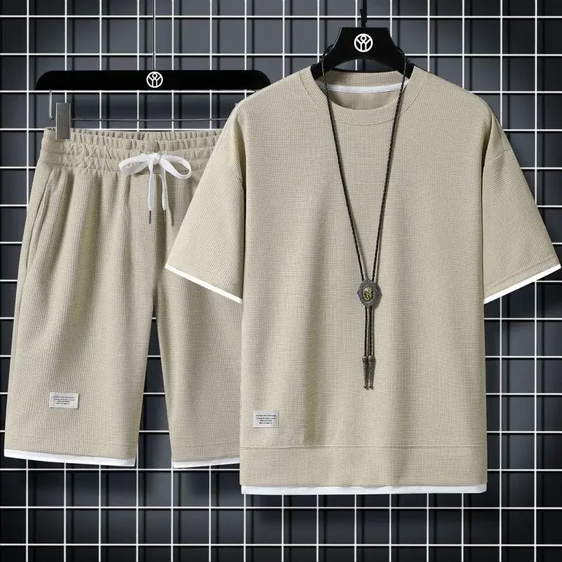 ملابس رياضية صيفية غير رسمية فضفاضة تناسب الرجال البدلة الكورية العصرية قصيرة الأكمام تي شيرت 2 قطعة مجموعة خفيفة الوزن المألوف Streetwea - Image 4