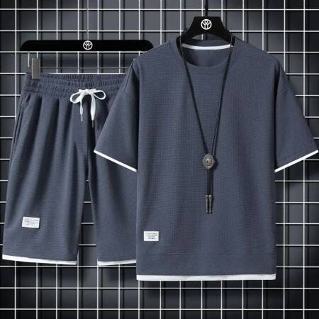 ملابس رياضية صيفية غير رسمية فضفاضة تناسب الرجال البدلة الكورية العصرية قصيرة الأكمام تي شيرت 2 قطعة مجموعة خفيفة الوزن المألوف Streetwea