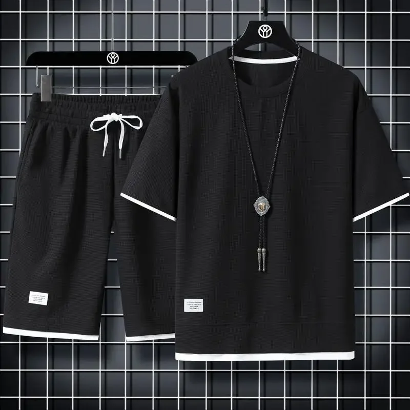ملابس رياضية صيفية غير رسمية فضفاضة تناسب الرجال البدلة الكورية العصرية قصيرة الأكمام تي شيرت 2 قطعة مجموعة خفيفة الوزن المألوف Streetwea - Image 3