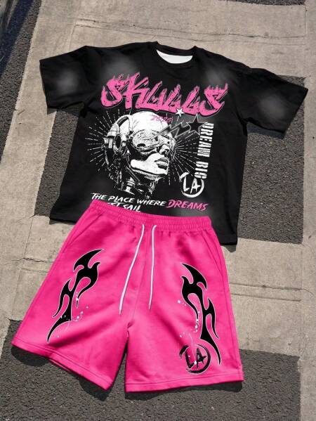 تي شيرت رجالي صيفي عصري مريح يسمح بمرور الهواء مطبوع عليه حروف برقبة دائرية طقم شورت كاجوال للاستخدام الخارجي