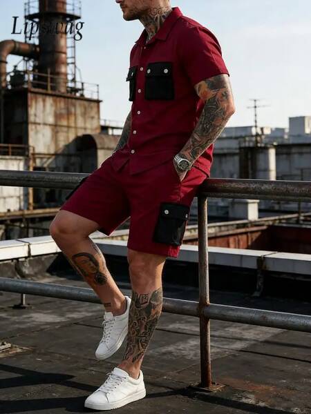 أطقم رجالية صيفية كاجوال لعام 2026، قمصان بأكمام قصيرة وشورتات بتصميم عتيق متعدد الجيوب، ملابس رجالية عصرية للشارع