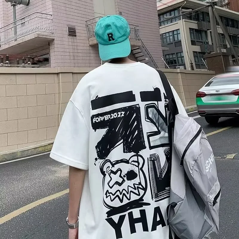 M-8xL الربيع الرجال تي شيرت قصير الأكمام الكرتون الكتابة على الجدران طباعة الذكور الإناث الأبجدية - Image 3