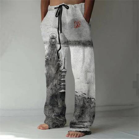 بنطلون رجالي جديد من الكتان المخلوط مع طباعة ثلاثية الأبعاد من الخيزران، بنطلون رياضي فضفاض أنيق برباط وجيوب