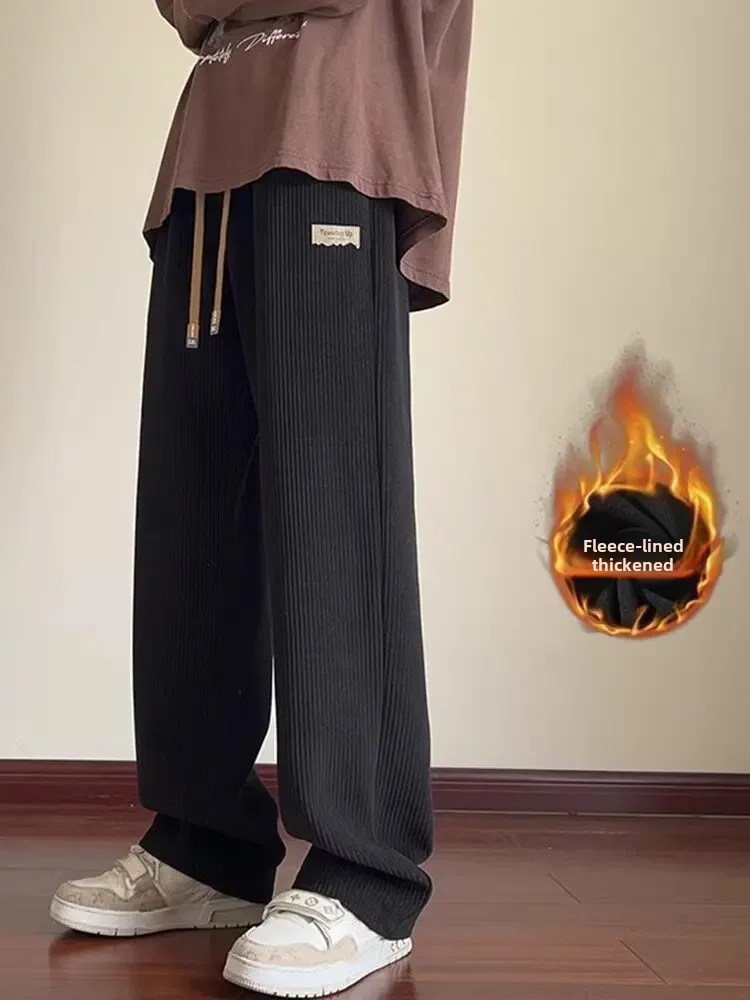 النمط الأمريكي الرجال سروال قصير الخريف/الشتاء الصوف مبطن فضفاض مستقيم الساق بناطيل كاجوال العصرية واسعة الساق الرجال السراويل - Image 3