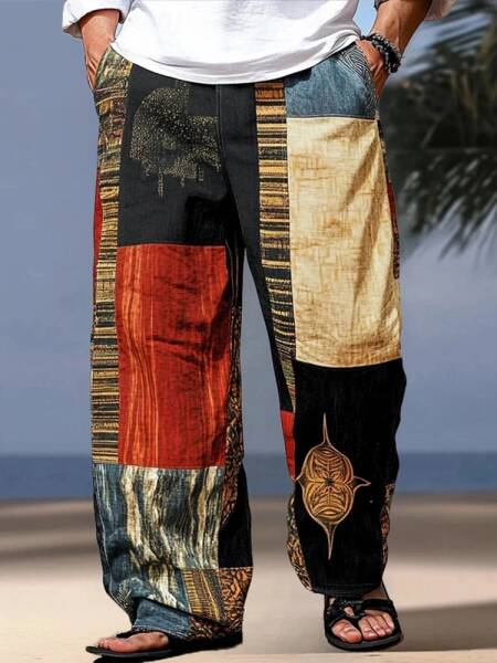 السراويل الرجالية الصيف Sweatpants الرباط مرونة الخصر خمر تقسم مطبوعة مخطط واسعة الساق السراويل عارضة مريحة