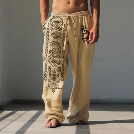 الرجعية طباعة سراويل تقليدية رجالية تنفس فضفاضة تناسب واسعة الساق السراويل أنيق في الهواء الطلق الشارع الشهير الرباط الراحة بنطلون