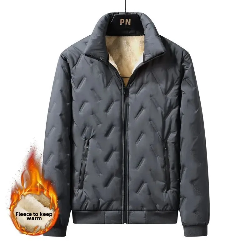سترة شتوية للرجال مبطنة بالصوف مقاومة للرياح مقاس كبير فضفاضة وياقة واقفة مبطنة بالقطن معطف خارجي دافئ - Image 5