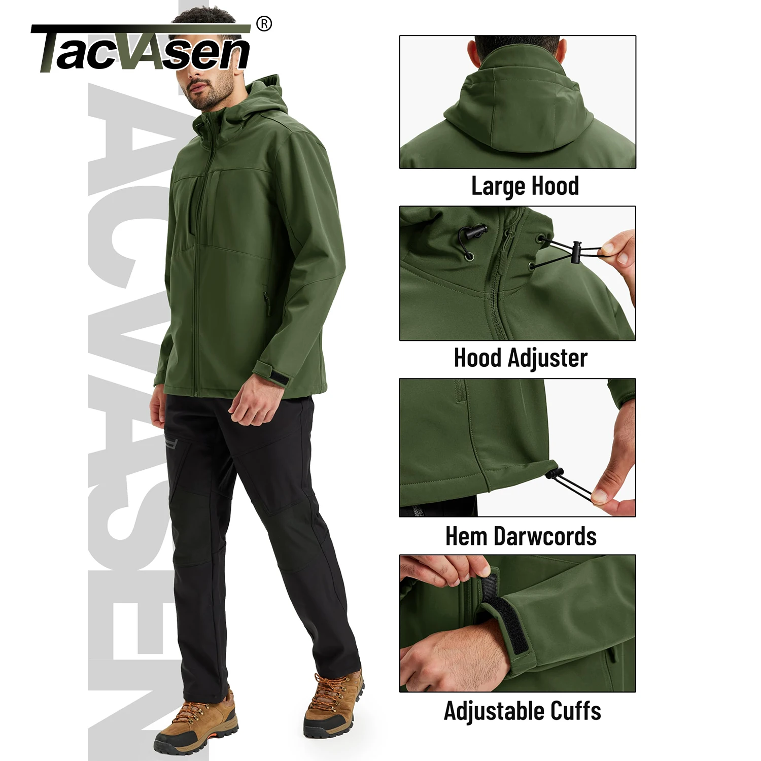 سترة TACVASEN للرجال من الصوف الناعم مع غطاء محرك السيارة معطف مقاوم للماء سترة واقية شتوية خفيفة الوزن سترات مطر للعمل والمشي لمسافات طويلة في الهواء الطلق - Image 6