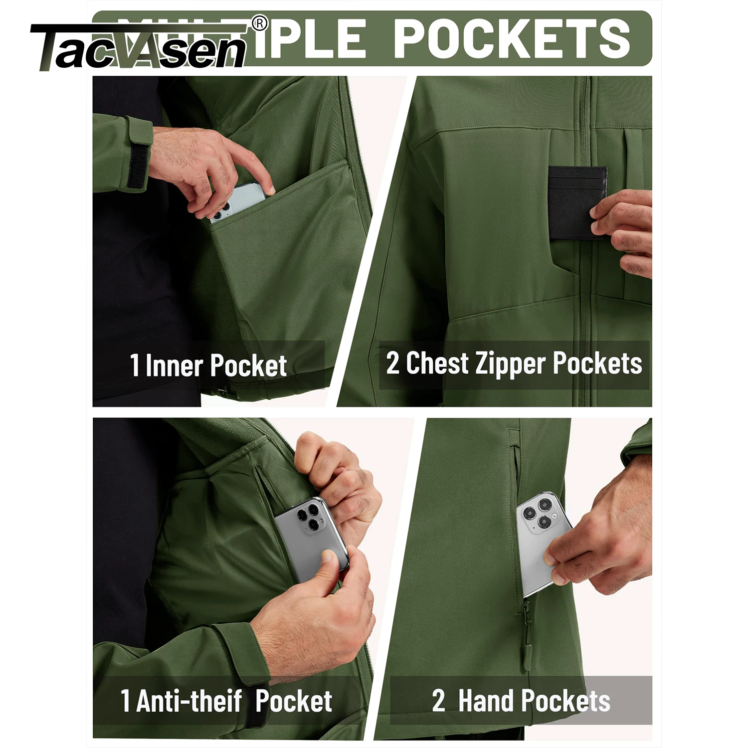 سترة TACVASEN للرجال من الصوف الناعم مع غطاء محرك السيارة معطف مقاوم للماء سترة واقية شتوية خفيفة الوزن سترات مطر للعمل والمشي لمسافات طويلة في الهواء الطلق - Image 5