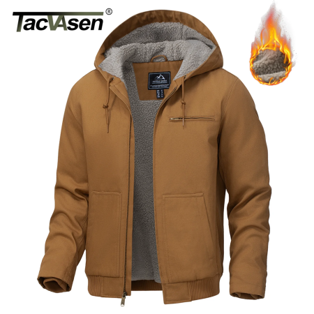 TACVASEN الشتاء العمل شيربا معزول سترة الرجال صوف مبطن الثقيلة Canva سترة طارد المياه مع هوديي القطن