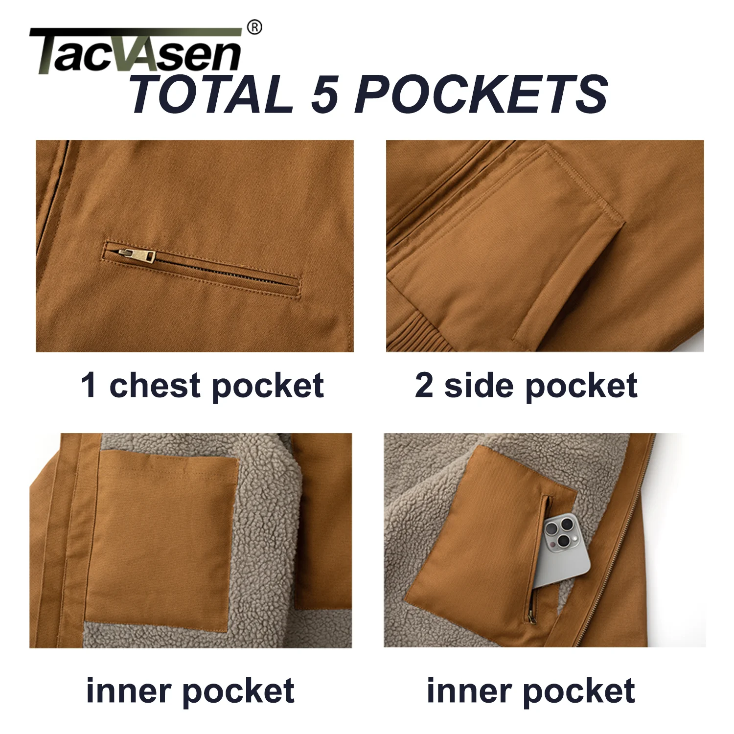 TACVASEN الشتاء العمل شيربا معزول سترة الرجال صوف مبطن الثقيلة Canva سترة طارد المياه مع هوديي القطن - Image 6