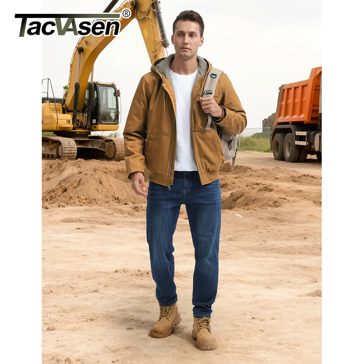 TACVASEN الشتاء العمل شيربا معزول سترة الرجال صوف مبطن الثقيلة Canva سترة طارد المياه مع هوديي القطن - Image 5