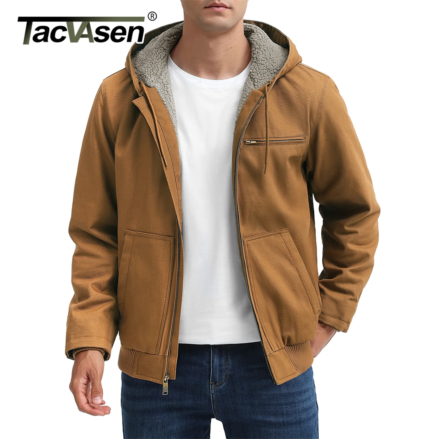 TACVASEN الشتاء العمل شيربا معزول سترة الرجال صوف مبطن الثقيلة Canva سترة طارد المياه مع هوديي القطن - Image 3