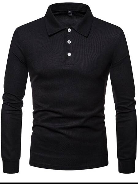 قميص بولو رجالي بقصة ضيقة وأكمام طويلة بلون سادة كاجوال أنيق تي شيرت متعدد الألوان