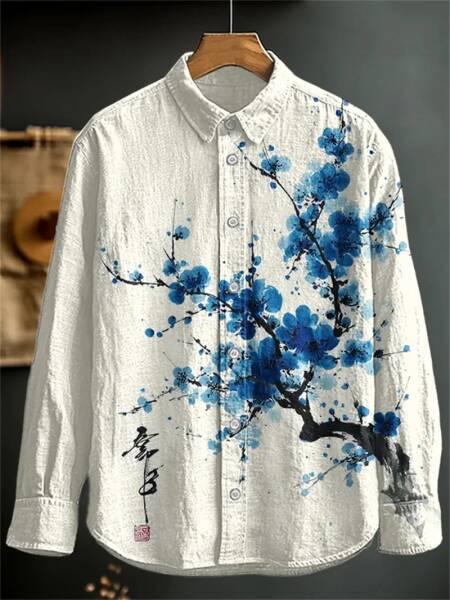 قميص كتان رجالي جديد بأكمام طويلة وزر قميص كاجوال بطبعة زهور ثلاثية الأبعاد وأكمام طويلة موضة يومية مريحة