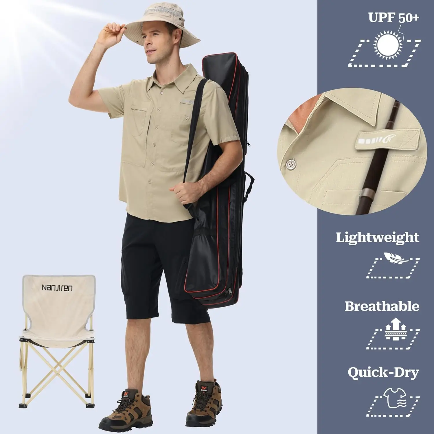 قمصان صيد خفيفة الوزن بأكمام قصيرة للرجال، قميص شحن قابل للتنفس بعامل حماية من الأشعة فوق البنفسجية 50+، قمصان تكتيكية بأزرار سفلية مع جيب بسحاب - Image 4