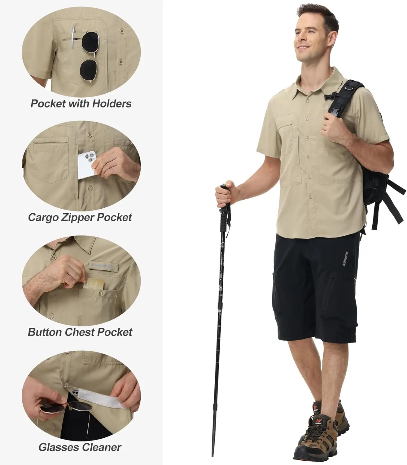 قمصان صيد خفيفة الوزن بأكمام قصيرة للرجال، قميص شحن قابل للتنفس بعامل حماية من الأشعة فوق البنفسجية 50+، قمصان تكتيكية بأزرار سفلية مع جيب بسحاب - Image 2