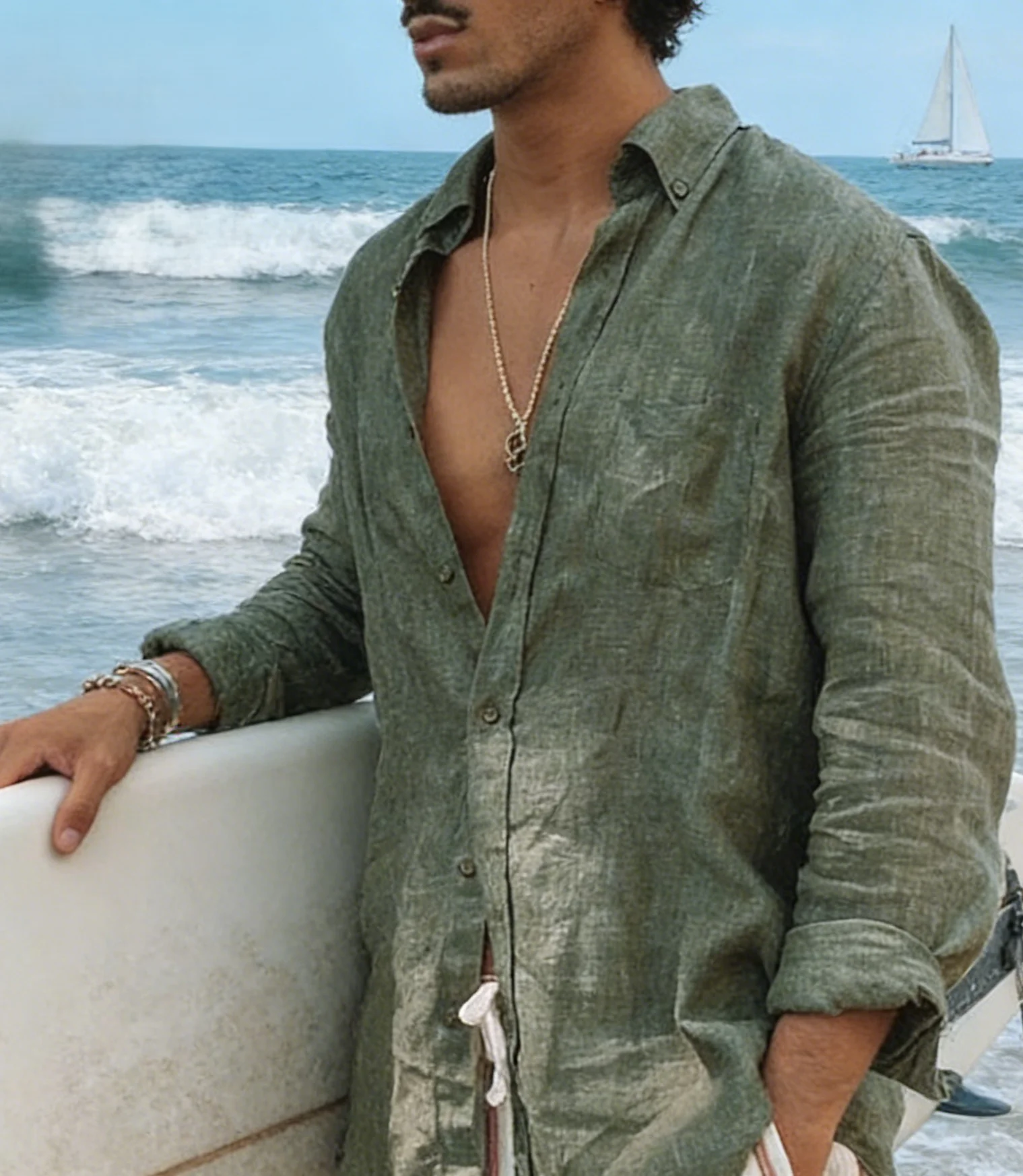 سترة رجالية جديدة بأكمام طويلة من القطن والكتان بأزرار وطية صدر السترة - Image 4