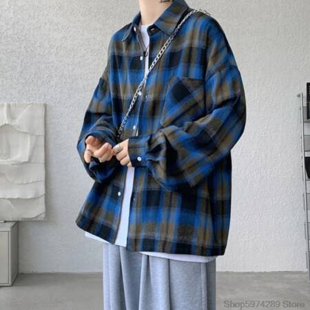 طويلة الأكمام قمصان مربعة النقش الرجال الخريف عادية فضفاض Harajuku خمر شارع العليا اليومية كل مباراة شهم Camisa حجم كبير 5XL-M