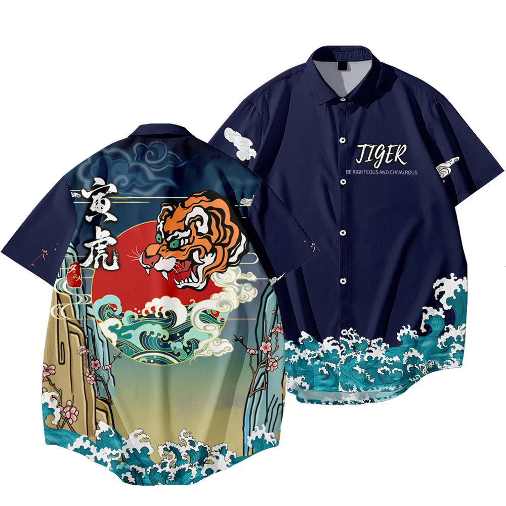 قميص رجالي من تايوان ، طبعة تنين أسود نمر ، موضة عرقية ، توب كبير الحجم ، قميص هاراجاو للذكور ، - Image 2