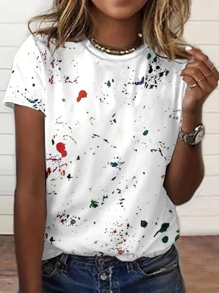 تي شيرت نسائي بتصميم رش الطلاء - رسومات فنية، مناسب للارتداء اليومي غير الرسمي