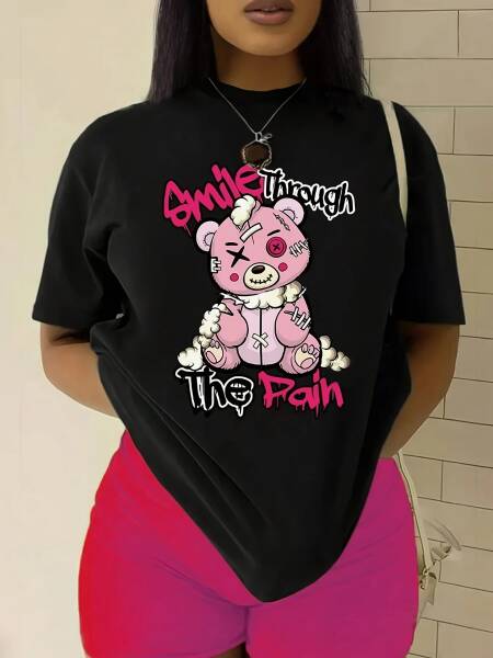 تي شيرت نسائي مطبوع عليه تيدي بير - رقبة دائرية ناعمة وأكمام قصيرة كاجوال أنيق - مثالي لأزياء الربيع والصيف