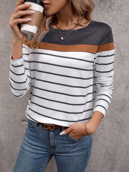 شريط كتلة اللون ثلاثية الأبعاد طباعة كم طويل تي شيرت ملابس نسائية عادية كم طويل تي شيرت موضة المتضخم بلايز تيز أنثى