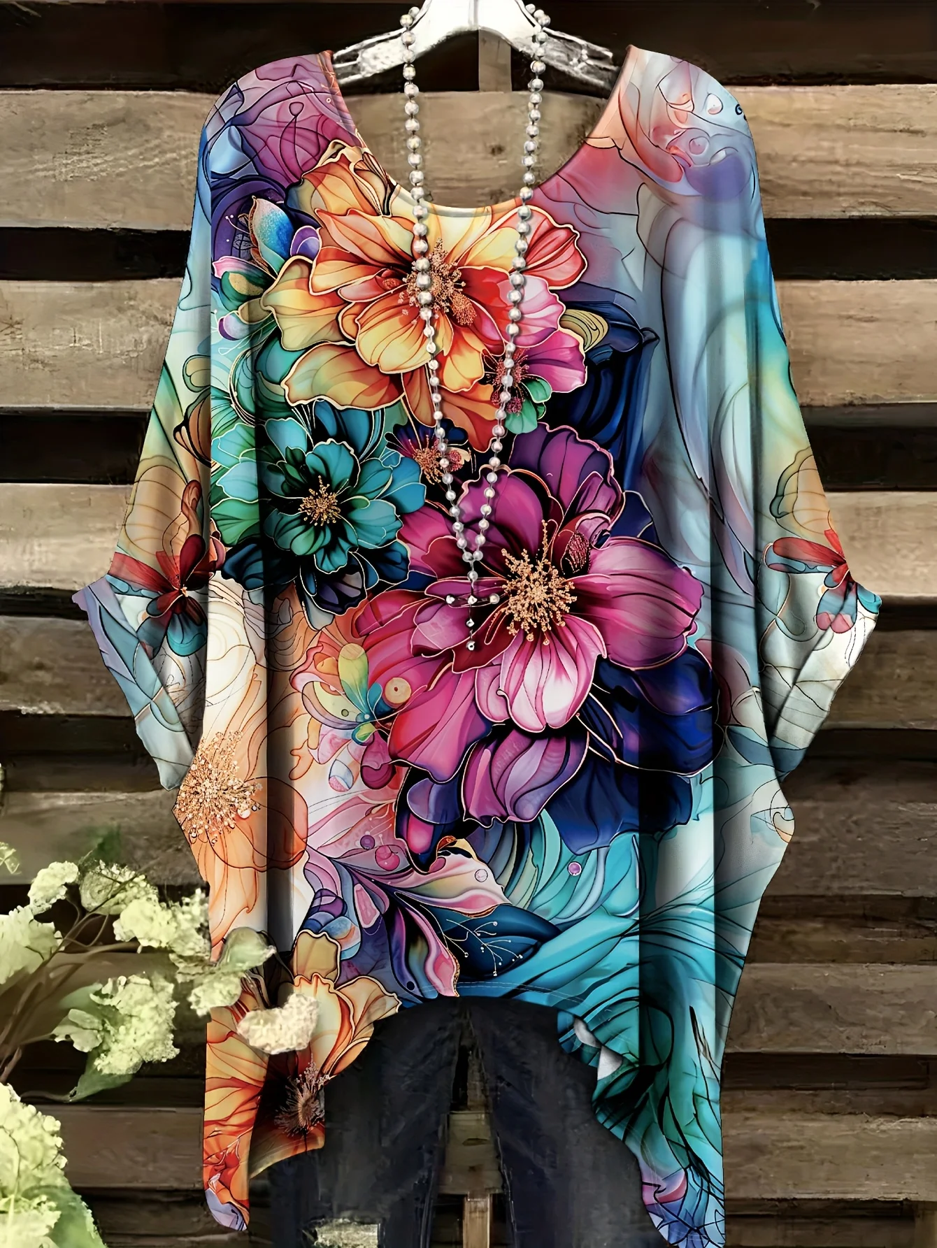 تي شيرت نسائي عصري بطباعة زهور عتيقة لعام 2026، بأكمام قصيرة وتصميم غير منتظم، ملابس نسائية فضفاضة وغير رسمية بمقاس كبير - Image 5