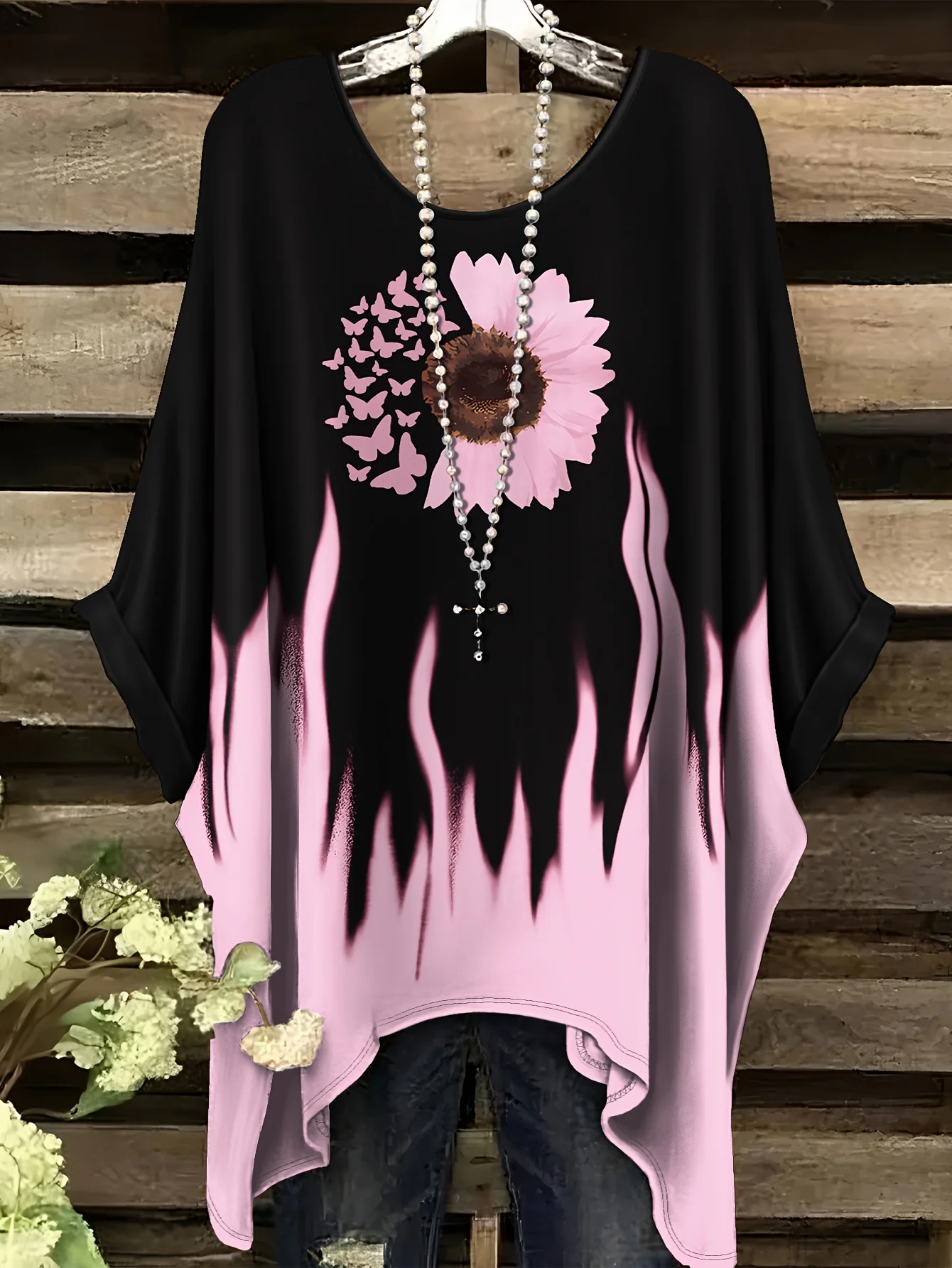 تي شيرت نسائي عصري بطباعة زهور عتيقة لعام 2026، بأكمام قصيرة وتصميم غير منتظم، ملابس نسائية فضفاضة وغير رسمية بمقاس كبير - Image 2