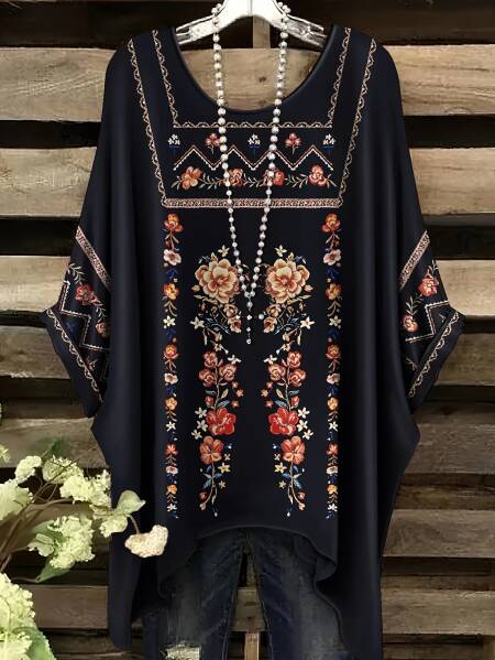 تي شيرت نسائي عصري بطباعة زهور عتيقة لعام 2026، بأكمام قصيرة وتصميم غير منتظم، ملابس نسائية فضفاضة وغير رسمية بمقاس كبير