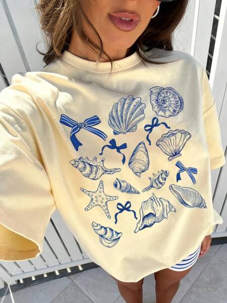 الصيف الأمريكية الرجعية Y2k البحرية الحيوان محارة القوس نمط تي شيرت المرأة فضفاضة الجولة الرقبة الشارع الملابس نصف كم