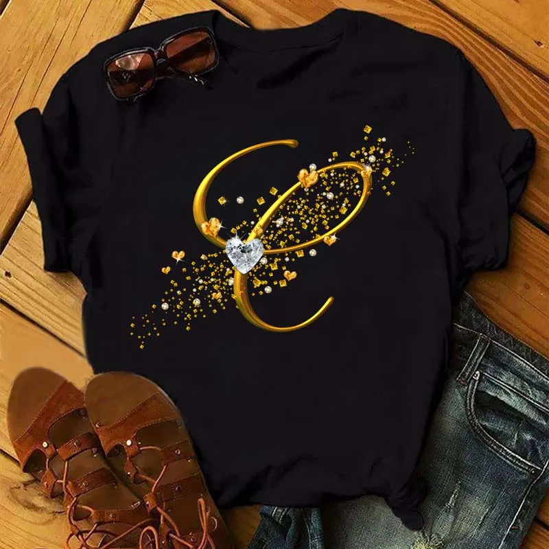 مخصص اسم إلكتروني مزيج أزياء المرأة تي شيرت الماس الذهب إلكتروني الخط ABC D E F G قصيرة الأكمام قمم قميص أسود - Image 4