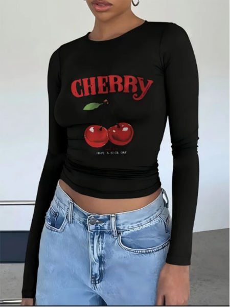 أسود جولة الرقبة طويلة الأكمام إلكتروني الكرز طباعة المرأة تي شيرت شارع العليا أزياء اليومية تنوعا الخريف سليم صالح الأعلى