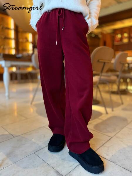 بنطلون رياضي نسائي من ستريمجيرل بلون أزرق ربيعي، واسع الساق وفضفاض مع حبل ربط، بنطلون قطني أحمر فضفاض للنساء بخصر عالٍ