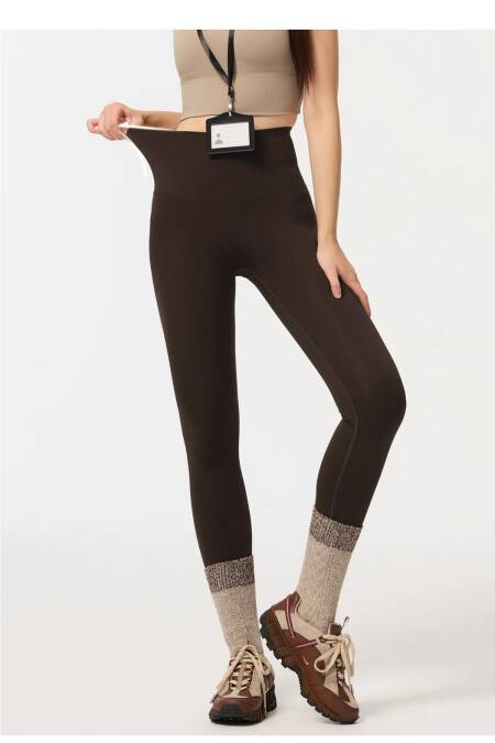 ملابس خارجية نسائية للخريف/الشتاء مبطنة بالصوف - سراويل يوجا سميكة غير قابلة للانزلاق للتحكم في البطن مع تمتد ناعم بدون خياطة