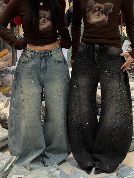 بنطلون جينز نسائي جديد بتصميم واسع الساق مزين بالأحجار اللامعة، جينز فضفاض بطول كامل