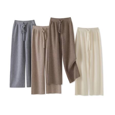 بنطلون نسائي جديد من الصوف الميرينو 100٪ بتصميم مستقيم الساق للربيع والخريف، سميك وعملي بخصر مرتفع وفضفاض، بنطلون محبوك واسع الساق