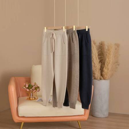 بنطلون نسائي كاجوال من صوف الميرينو 100٪ بساق ضيقة وتصميم فضفاض أنيق، بنطلون طويل محبوك للخريف والشتاء بطول 9 بوصات