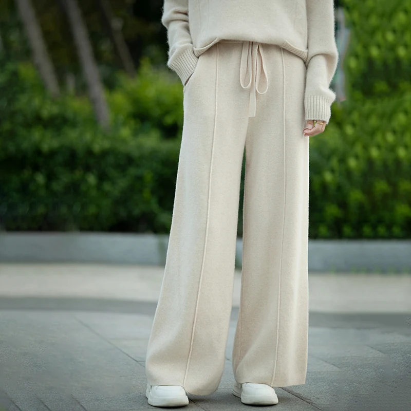 بنطلون نسائي واسع الساق من الصوف الخالص 100٪ مع جيوب للارتداء خارج المنزل، سروال للجري، ملابس نسائية
