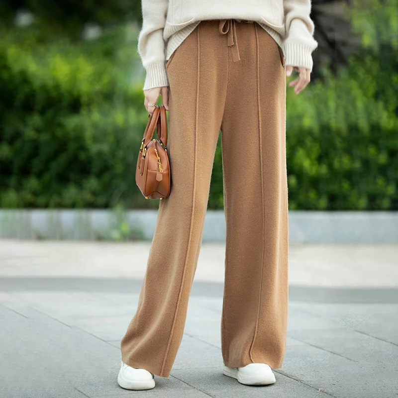 بنطلون نسائي واسع الساق من الصوف الخالص 100٪ مع جيوب للارتداء خارج المنزل، سروال للجري، ملابس نسائية - Image 5