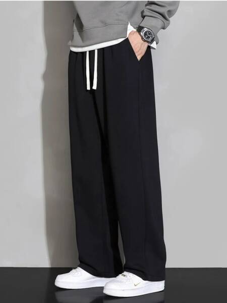 بنطلون واسع الساق للرجال لفصلي الخريف والشتاء، مبطن بالصوف، تصميم مستقيم وفضفاض، بنطلون رياضي كاجوال طويل، بنطلون رياضي أسود