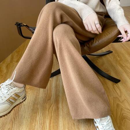 سراويل نسائية صوف مستقيمة للخريف والشتاء بخصر مطاطي 100% صوف ميرينو محبوك بجيوب صلبة سراويل كلاسيكية للمكتب للسيدات