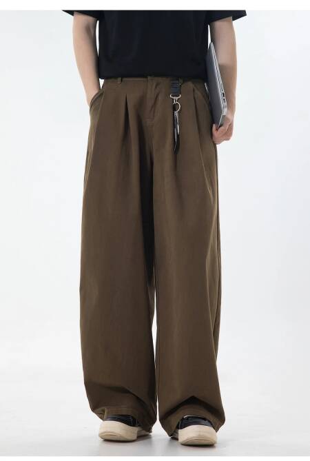 الرجعية القطن يشعر بناطيل كاجوال للرجال الربيع بلون مطوي تصميم رايات فضفاض مستقيم الساق بنطلون