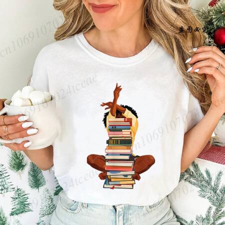 تي شيرت نسائي أسود بطبعة امرأة تقرأ، ملابس صيفية عصرية بأكمام قصيرة، تي شيرتات نسائية بتصميم ميلانين ماجيك لمحبي الكتب، هدية