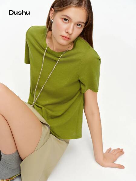 DUSHU المرأة الأخضر والرمادي المتناقضة اللون الطبقات قطعتين متماسكة تي شيرت ربيع 2026 جديد وصول موضة بلوزات طويلة الأكمام