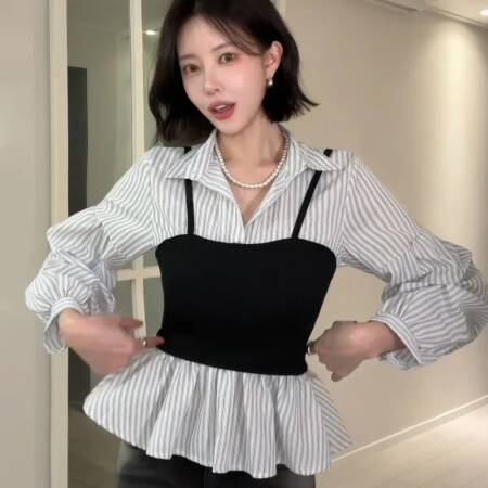 قميص نسائي جديد لربيع 2026 بتصميم مخطط يحدد الخصر وقصة ضيقة مع تصميم كم منفوش وهمي من قطعتين