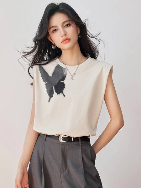 تي شيرت نسائي مطبوع على شكل فراشة بدون أكمام ، هاراجاكو ، موضة شارع راقية ، تيشيرتات غير رسمية ، ملابس صيفية ، جديد ، Y2K