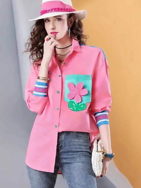 ربيع جديد جودة عالية 100% القطن المرأة طويلة الأكمام قميص فضفاض خياطة بلوزة غير رسمية للنساء